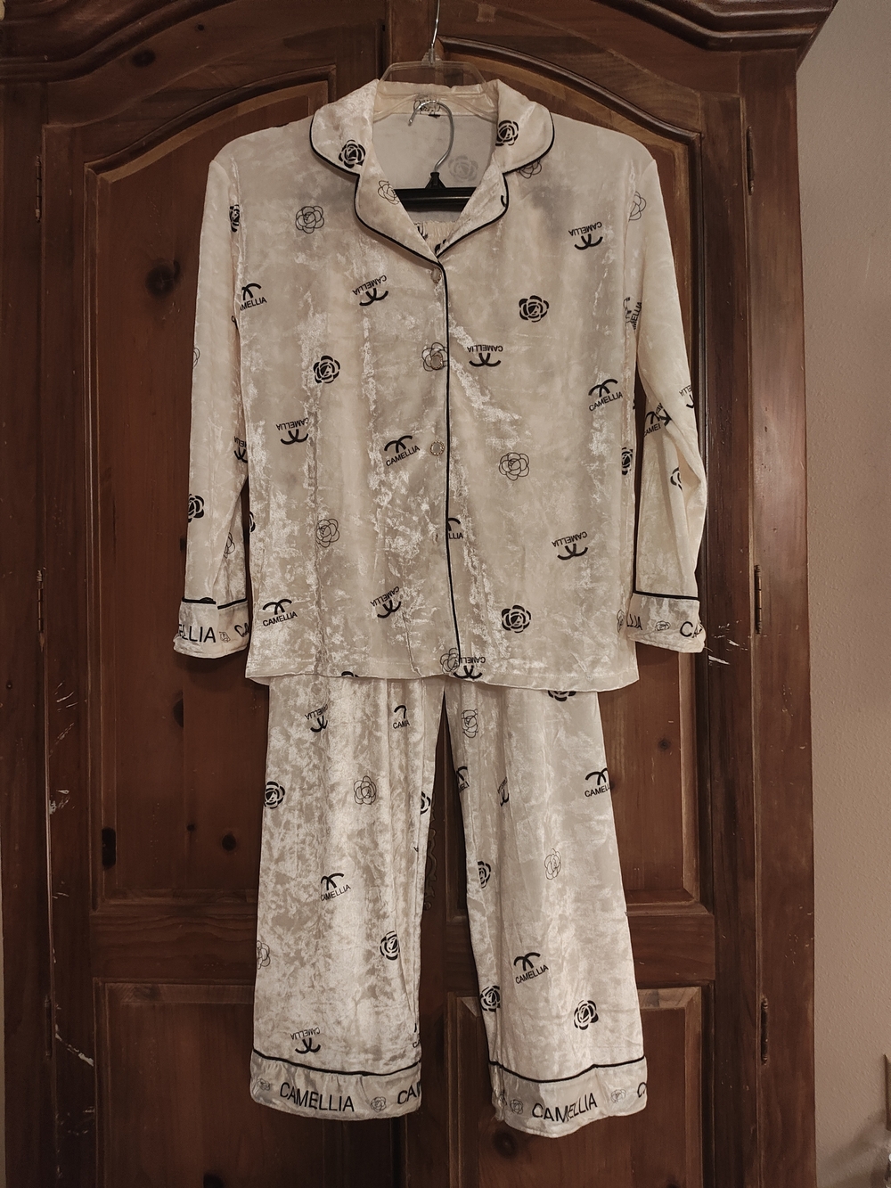Beige Camellia Velvet Pajama Set with Black Trim